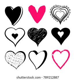 Set hand drawn hearts isolated on white background. Colorful vector Illustration