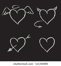 Set of hand drawn hearts on chalkboard background. Vector illustration.