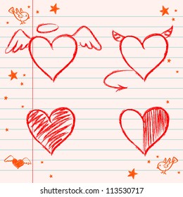 Set of hand drawn hearts on lined notebook paper background. Vector illustration.