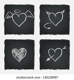 Set of hand drawn hearts on chalkboard background. Vector illustration.