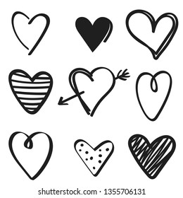 set of hand drawn hearts on white background