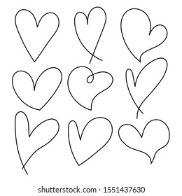 Set of hand drawn hearts on a white background.  Linear Design elements for Valentine's day - vector illustration
