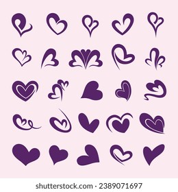 Set of hand drawn hearts on a purple background. Vector illustration.