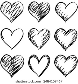 A set of hand drawn hearts on a white background showcasing love and affection