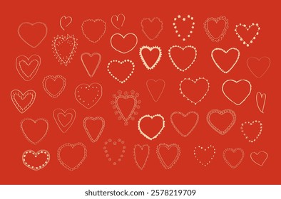 Set of hand drawn hearts on a red background. Vector illustration.