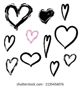 Set of hand drawn hearts.  Painted hearts from grunge brush strokes. Design elements for invitations, greeting cards, quotes, blogs, posters, prints. Collection of love symbols for Valentine card.