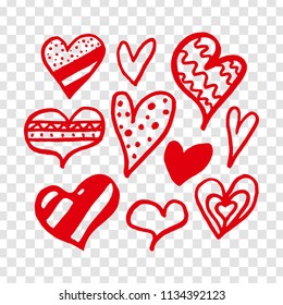 Set of hand drawn hearts, red hearts isolated on transparent background. Signs and symbols of love, Valentine's Day. Vector. EPS10
