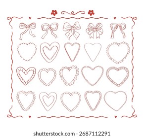 Set of hand drawn hearts, ribbons and bows. Romantic illustrations.