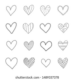 Set of hand drawn hearts. Rough marker hearts isolated on white background.