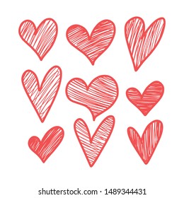 Set of hand drawn hearts. Rough marker hearts isolated on white background.