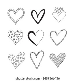Set of hand drawn hearts. Rough marker hearts isolated on white background.