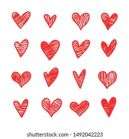 Set of hand drawn hearts. Rough marker hearts isolated on white background.