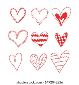 Set of hand drawn hearts. Rough marker hearts isolated on white background.