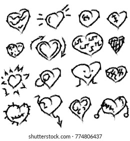 Set of hand drawn hearts. Rough style, isolated black on white background. Illustration for graphic design . Vector eps 10.
