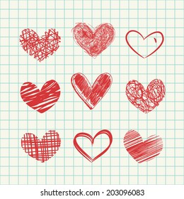 Set of hand drawn hearts and seamless paper background. Pen drawn effect. Vector elements for design