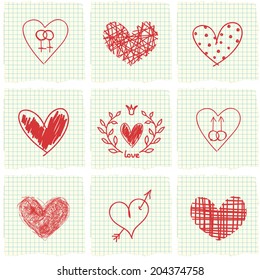 Set of hand drawn hearts and seamless paper background. Pen drawn effect. Vector elements for design