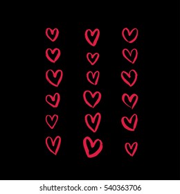 Set of hand drawn hearts. Valentine's day postcard or print design elements. Vector icons.