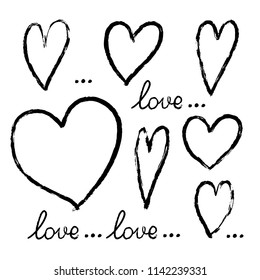 Set of hand drawn hearts. Vector hearts from grunge brush strokes. Design elements for invitations, greeting cards, quotes, blogs, posters, prints. Collection of love symbols for Valentine card.