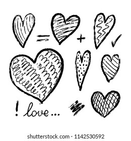 Set of hand drawn hearts. Vector hearts from grunge brush strokes. Design elements for invitations, greeting cards, quotes, blogs, posters, webs, prints. Collection of love symbols for Valentine card.
