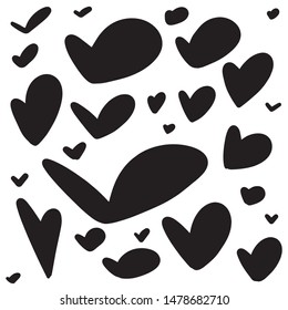 Set of hand drawn hearts. Vector illustration of a repeated hand made black heart. Textured monochrome wallpapaer representing love and affection. Sophisticated and modern print.