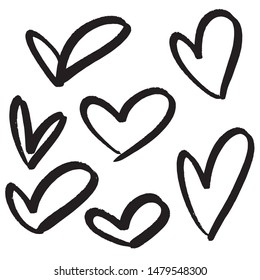 Set of hand drawn hearts. Vector illustration of a repeated hand made black heart. Textured monochrome wallpapaer representing love and affection. Sophisticated and modern print.