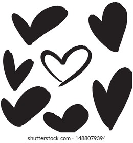 Set of hand drawn hearts. Vector illustration of a repeated hand made black heart. Textured monochrome wallpapaer representing love and affection. Sophisticated and modern print.