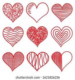 Set of hand drawn hearts vector icon.