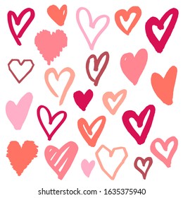 Set of hand drawn hearts. Vector grunge style icons collection. Han drawn ink hearts for the Happy Valentines Day, wedding invitations, love greeting cards.