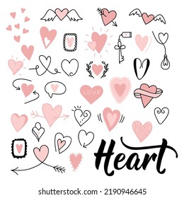 Set of hand drawn hearts. Vector illustration in doodle style. Isolated on a white background.