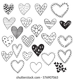 Set of hand drawn hearts  in vector. Black and white doodle clip art. Sketch.