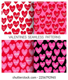 Set of hand drawn hearts and words pattern design for valentine’s day.