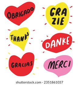 Set of hand drawn hearts with words: Obrigado, Grazie, thanks, danke, gracias, merci.