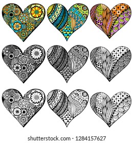 Set Hand drawn hearts in zentangle style. Pattern for coloring book. Coloring page for adult anti stress. Made by trace from sketch. Valentine's day background.