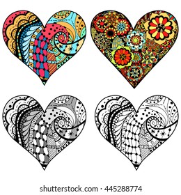 Set Hand drawn hearts in zentangle style. Pattern for coloring book. Coloring page for adult anti stress. Made by trace from sketch. Valentine's day background.