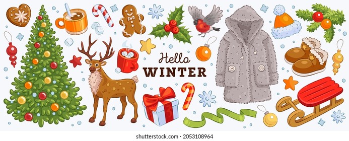 Set of hand drawn hello winter, new year and merry christmas elements isolated on white background. Vector illustration
