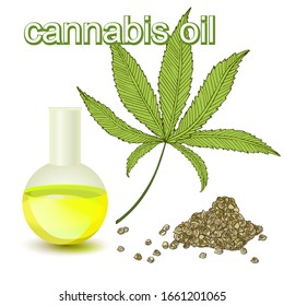 Set of hand drawn hemp oil, cannabis leaf, seeds isolated on white background.  Legalization of medical cannabis. Design elements for cosmetic, food, medical. Vector