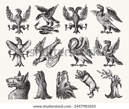 Set of Hand Drawn Heraldry Animals - Various Birds, Eagles, Wild Boars, and Wildlife
