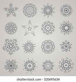 Set of hand drawn hexagon vector shapes, rosette, stars, geometric ornaments