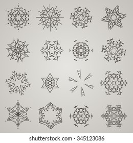 Set of hand drawn hexagon vector shapes, rosette, stars, geometric ornaments