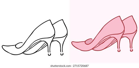 A set of hand drawn high heel shoes in black outline and pink colors. Elegant doodle style stiletto footwear vector elements for fashion and beauty design projects.