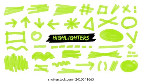 Set of hand drawn highlight brush lines, shapes, elements. isolated vector objects on white background. Doodle neon green strokes of marker. Acid highlighters marker stripes, underlines for any use.