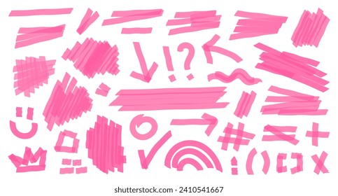 Conjunto de líneas de pincel de resaltado dibujadas a mano, formas, elementos. objetos vectoriales aislados sobre fondo blanco. Golpes de marcador rosado con doodle. Tiras de marcador de resaltado de ácidos, subraya para cualquier uso.