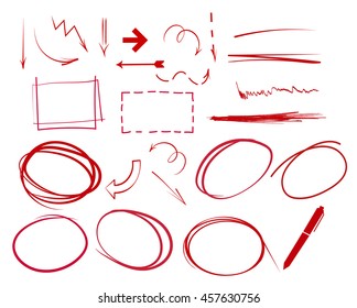 set of hand drawn highlight bubbles, rectangles, pen, underlines, red highlighting frames. diagram elements, hand drawn circle and rectangle for sketch idea and plan