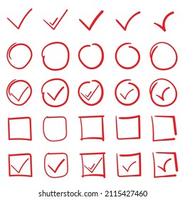 Conjunto de círculos rojos resaltados a mano y iconos de marca de verificación. Vector libre