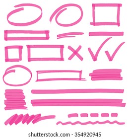 Set of hand drawn highlighter design elements, marks, stripes and strokes. Can be used for text highlighting, marking or coloring in your designs. Optimized for one click color changes. EPS10 vector.