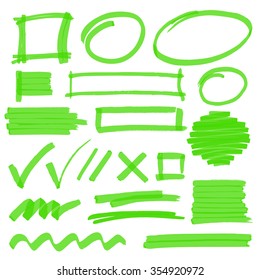 Set of hand drawn highlighter design elements, marks, stripes and strokes. Can be used for text highlighting, marking or coloring in your designs. Optimized for one click color changes. EPS10 vector.