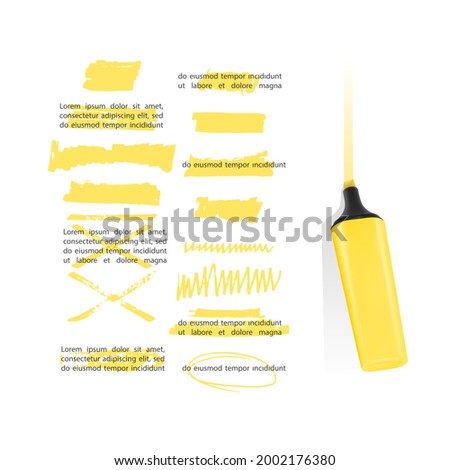 Set of hand drawn highlighter design elements, marks, stripes and strokes. Can be used for text highlighting, marking or coloring in your designs, vector illustration