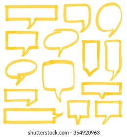 Set of hand drawn highlighter speech bubbles, marks and pointers. Can be used for text highlighting, marking or coloring in your designs. Optimized for one click color changes. EPS10 vector.