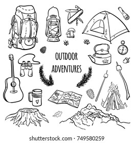 Set of hand drawn hiking elements. Vector illustration of camping equipment. Collection of outdoor elements. 