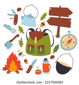 Set of hand drawn hiking, travel and picnic icons with various equipment and elements such as backpack, pot, tools, campfire, compass and others. Vector illustration in cartoon style.